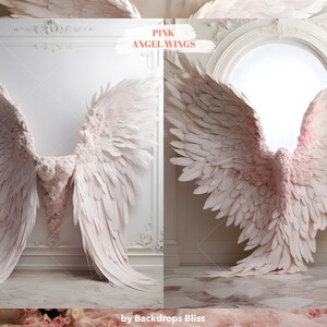 Puede incluir: Un par de grandes alas de &aacute;ngel blancas con un tono rosado, sobre un fondo blanco con molduras ornamentadas. Las alas se muestran en dos posiciones diferentes, una con las alas extendidas y la otra con las alas plegadas.