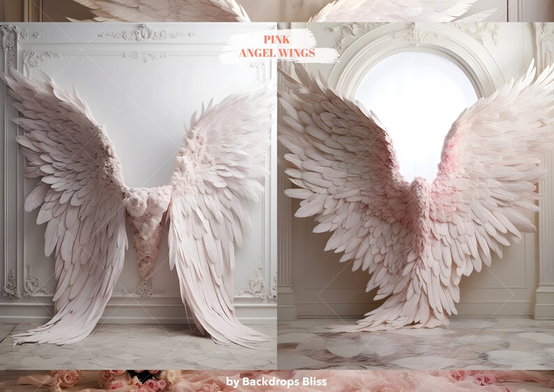 Puede incluir: Un par de grandes alas de &aacute;ngel blancas con un tono rosado, sobre un fondo blanco con molduras ornamentadas. Las alas se muestran en dos posiciones diferentes, una con las alas extendidas y la otra con las alas plegadas.
