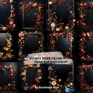Black Floral frame Digital Backdrop Maternity digital Backdrop floral frame gold Overlay Studio Backdrop Overlay Fine Art Texture Photoshop