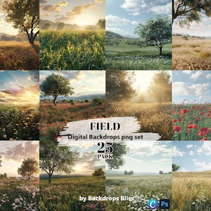 May include: A digital download pack of 25 field backdrops, featuring various scenes with green grass, wildflowers, and red poppies. The pack is titled "FIELD Digital Backdrops png set 25 PACK" and is by Backdrops Bliss.