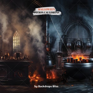 May include: A dark, gothic-themed backdrop with two cauldrons filled with bubbling liquid and flames. The scene is set in a room with stone walls and arches, and there is smoke and steam rising from the cauldrons. The text "HALLOWEEN POTION CAULDRONS" is written in white on a red banner.