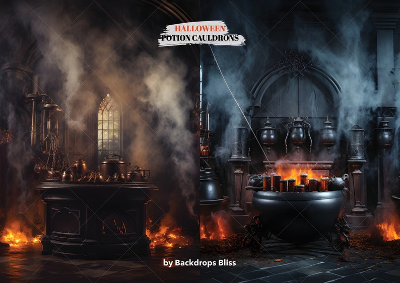 May include: A dark, gothic-themed backdrop with two cauldrons filled with bubbling liquid and flames. The scene is set in a room with stone walls and arches, and there is smoke and steam rising from the cauldrons. The text "HALLOWEEN POTION CAULDRONS" is written in white on a red banner.