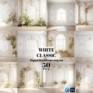 May include: A set of 50 digital backdrops featuring white classic rooms with ornate moldings and floral arrangements. The backdrops are perfect for photographers and designers looking to create elegant and sophisticated images.