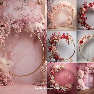 May include: A collage of six images featuring floral arrangements with a gold hoop backdrop. The flowers are pink, white, and red. The backgrounds are pink, gray, and white.