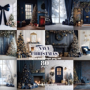 Puede incluir: Un conjunto de fondos digitales con temática navideña en azul marino. Las imágenes presentan árboles de Navidad decorados, interiores acogedores y decoraciones festivas. El texto "NAVY CHRISTMAS" y "80 PACK" son visibles.