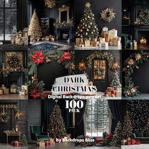 May include: A digital backdrop set featuring 100 dark Christmas scenes. The set includes a variety of backgrounds with Christmas trees, wreaths, fireplaces, and other festive decorations. The backdrops are perfect for photographers and crafters who want to create unique and festive images.