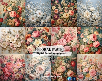 May include: A selection of digital floral pastel backdrops. The images showcase diverse arrangements of roses, peonies, and other flowers in soft pink, white, and peach hues. The text "FLORAL PASTEL" and "35 PACK" are visible.