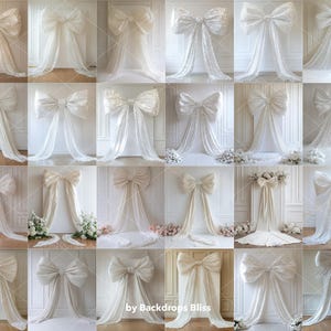 May include: A collection of 18 white fabric backdrop bows in a variety of sizes and styles. The bows are arranged in a grid pattern on a white background. The bows are made of a soft, flowing fabric and have a delicate, romantic look.