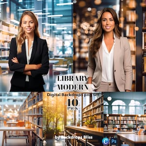 May include: A composite image showing two women in business suits in front of library backdrops. The image includes the text "LIBRARY MODERN" and "Digital Backdrops png set 40 PACK" with the Backdrops Bliss logo.