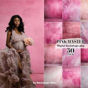 May include: A collection of 50 digital pink backdrops in PNG format. The backdrops feature various shades of pink with textured and abstract designs. The text "PINK MASTER Digital Backdrops png 50 PACK" is displayed on the image.