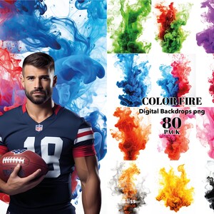 May include: A set of 80 digital backdrops featuring colorful smoke plumes in various colors, including red, blue, green, purple, orange, yellow, and black. The text "COLORFIRE Digital Backdrops png 80 PACK" is displayed on the image.