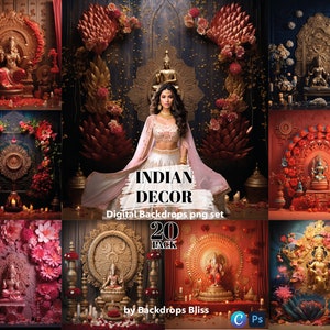 Puede incluir: Un conjunto de 20 fondos digitales con decoración india. Los fondos incluyen marcos dorados ornamentados, arreglos florales y deidades indias tradicionales. Los fondos son perfectos para fotógrafos y diseñadores que desean crear imágenes impresionantes con un tema indio.