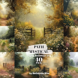 May include: A digital backdrop pack with 40 images of misty forest paths with gates. The pack is called "Path Mystical" and is by Backdrops Bliss.