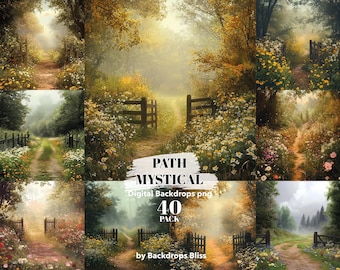 May include: A digital backdrop pack with 40 images of misty forest paths with gates. The pack is called "Path Mystical" and is by Backdrops Bliss.