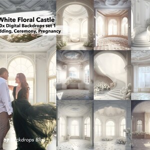 Könnte beinhalten: Ein Set mit 20 digitalen Hintergründen, die ein weißes Blumen-Schloss mit einer großen Treppe, verzierten Details und großen Fenstern zeigen. Die Hintergründe sind ideal für Hochzeits-, Zeremonien- und Schwangerschaftsfotografie.