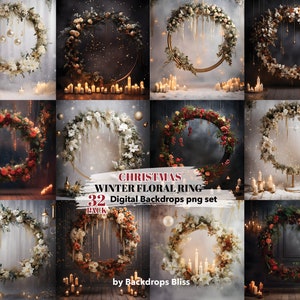 May include: A set of 32 digital backdrops featuring winter floral wreaths with candles and lights. The wreaths are in various colors and styles, including white, red, and gold. The backdrops are perfect for creating festive holiday photos.