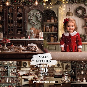 May include: A festive Christmas kitchen scene with a young child in a red dress. The kitchen features wooden cabinets, wreaths, and a table laden with treats. The image includes the text "XMAS KITCHEN Digital png set 20 pack by Backdrops Bliss."