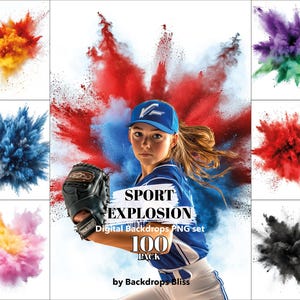 May include: A young person wearing a baseball cap and jersey is holding a baseball glove. The background is a colorful explosion of red, blue, and white powder. The text "SPORT EXPLOSION Digital Backdrops PNG set 100 PACK by Backdrops Bliss" is visible in the image.
