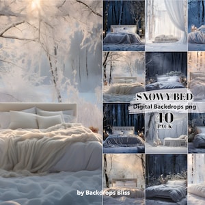 May include: A set of 40 digital backdrops featuring a snowy forest scene with a bed in the center. The backdrops are perfect for photographers and graphic designers who want to create winter-themed images.