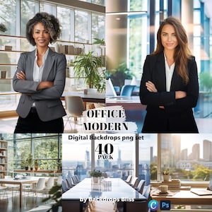 May include: A set of 40 digital office backdrops in a modern style. The backdrops feature various office spaces with large windows, modern furniture, and plants. The backdrops are perfect for use in photo editing and graphic design.