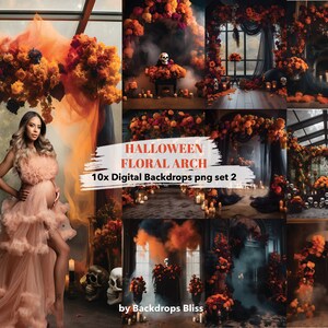 May include: A set of 10 digital Halloween floral arch backdrops. The backdrops feature a dark, moody aesthetic with orange and black flowers, skulls, candles, and smoke. The backdrops are perfect for photographers looking to create unique and spooky Halloween photos.