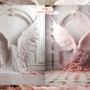 Puede incluir: Dos juegos de grandes alas de &aacute;ngel blancas, un juego con una tela blanca drapeada sobre ellas y el otro juego con un efecto de humo rosa y blanco y rosas rosas en la base. El texto "PINK ANGEL WINGS" est&aacute; en la parte superior de la imagen.
