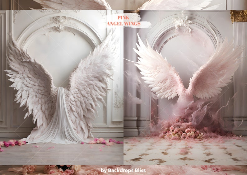 Puede incluir: Dos juegos de grandes alas de &aacute;ngel blancas, un juego con una tela blanca drapeada sobre ellas y el otro juego con un efecto de humo rosa y blanco y rosas rosas en la base. El texto "PINK ANGEL WINGS" est&aacute; en la parte superior de la imagen.