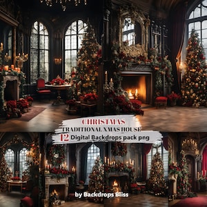 Puede incluir: Un conjunto de 12 fondos digitales de Navidad que muestran una casa tradicional de Navidad con chimenea, árboles de Navidad decorados y cortinas de terciopelo rojo. Los fondos son perfectos para fotógrafos y artistas digitales.