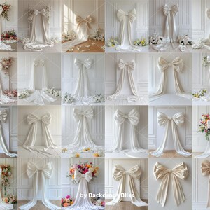 May include: A collage of 16 images showcasing various white satin bow backdrop setups for photography. Each image features a different arrangement of the bow, creating a variety of elegant and romantic backdrops.