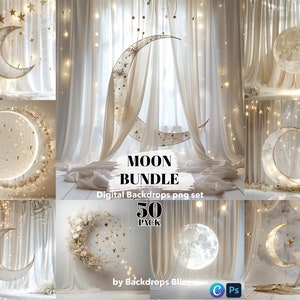 Può includere: Un pacchetto di sfondi digitali con 50 immagini di sfondi a tema luna e stelle. Gli sfondi sono bianchi con accenti dorati e presentano varie forme e dimensioni di luna. Il testo "Moon Bundle" e "Digital Backdrops png set" è visualizzato sull'immagine. Il testo "50 Pack" è anche visualizzato sull'immagine.