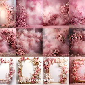 May include: A digital backdrop featuring a pink and white floral arrangement with a soft, dreamy, pink fog effect. The backdrop is perfect for photographers and crafters looking to create beautiful and ethereal images.