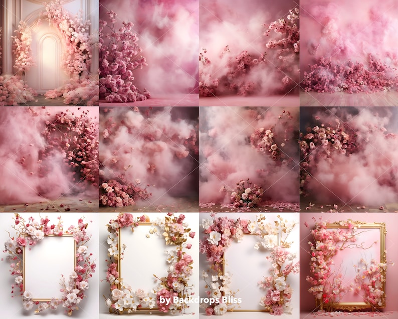 May include: A digital backdrop featuring a pink and white floral arrangement with a soft, dreamy, pink fog effect. The backdrop is perfect for photographers and crafters looking to create beautiful and ethereal images.
