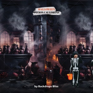 May include: Two children dressed as skeletons stand in front of a Halloween backdrop. The backdrop features a large cauldron filled with potion bottles and a smoky, dark atmosphere. The text "HALLOWEEN POTION CAULDRONS" is visible at the top of the image. The text "by Backdrops Bliss" is visible at the bottom of the image.