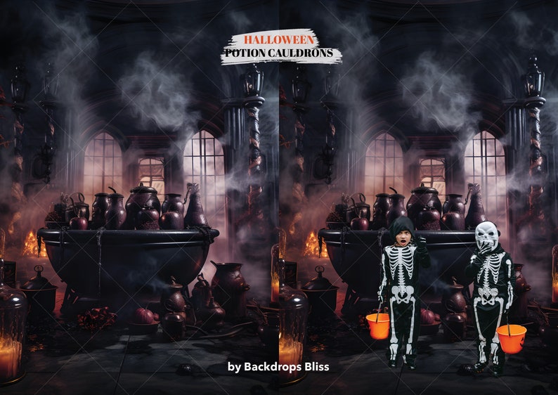 May include: Two children dressed as skeletons stand in front of a Halloween backdrop. The backdrop features a large cauldron filled with potion bottles and a smoky, dark atmosphere. The text "HALLOWEEN POTION CAULDRONS" is visible at the top of the image. The text "by Backdrops Bliss" is visible at the bottom of the image.