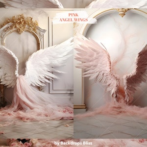 Puede incluir: Dos juegos de alas de &aacute;ngel grandes, una blanca y otra rosa, se muestran sobre un fondo de pared blanca con molduras doradas ornamentadas. Las alas est&aacute;n posicionadas de manera que sugieren que est&aacute;n extendidas, como en vuelo. Las alas est&aacute;n rodeadas de una suave tela de tul rosa que cae desde la parte superior de la imagen. El texto "PINK ANGEL WINGS" est&aacute; escrito en letras blancas sobre un fondo rosa en la parte superior de la imagen.