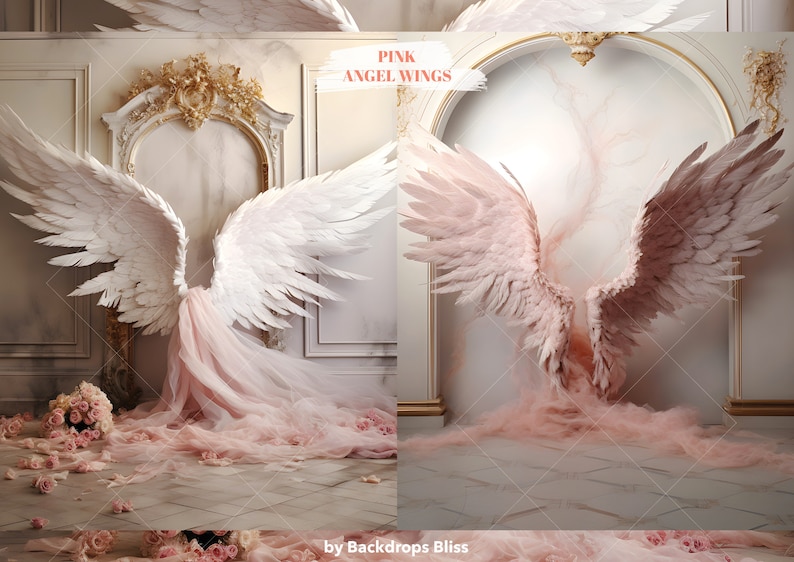 Puede incluir: Dos juegos de alas de &aacute;ngel grandes, una blanca y otra rosa, se muestran sobre un fondo de pared blanca con molduras doradas ornamentadas. Las alas est&aacute;n posicionadas de manera que sugieren que est&aacute;n extendidas, como en vuelo. Las alas est&aacute;n rodeadas de una suave tela de tul rosa que cae desde la parte superior de la imagen. El texto "PINK ANGEL WINGS" est&aacute; escrito en letras blancas sobre un fondo rosa en la parte superior de la imagen.