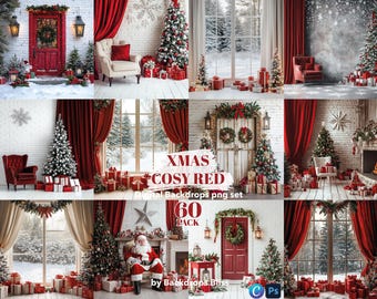 Puede incluir: Un conjunto de 60 fondos digitales de Navidad con un tema rojo acogedor. Los fondos incluyen imágenes de chimeneas, ventanas, puertas y árboles de Navidad decorados con adornos rojos y luces. El texto "XMAS COSY RED Digital Backdrops png set 60 PACK by Backdrops Bliss" se muestra en la imagen.