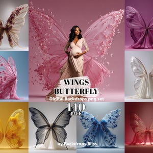 Pode incluir: Uma coleção de fundos digitais de asas de borboleta em várias cores, incluindo rosa, branco e azul. A imagem apresenta uma pessoa grávida usando um vestido e asas de borboleta. O texto na imagem diz "WINGS BUTTERFLY Digital Backdrops png set 140 PACK by Backdrops Bliss."