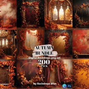 Può includere: Un pacchetto di sfondi digitali con 200 immagini a tema autunnale. Le immagini includono una varietà di scene, come un arco rustico con foglie autunnali, una finestra con vista su un bosco e una panchina di legno con un'arrangiamento floreale. Le immagini sono perfette per fotografi, grafici e chiunque desideri aggiungere un tocco autunnale ai propri progetti.
