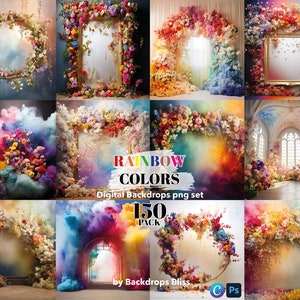 Paquete de fondo digital de maternidad con arcoíris, fondo de maternidad floral, superposiciones de maternidad bohemias con arcoíris, textura floral, fotografía multicolor