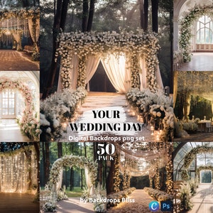 May include: A collage of 6 images showcasing wedding ceremony backdrops. The images feature floral arches, draped fabric, string lights, and greenery. The text "Your Wedding Day" and "50 Pack" are visible in the center of the collage.