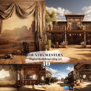 May include: A digital backdrop set featuring 40 country western themed images. The set includes images of a saloon, a desert landscape, and a wooden barn. The images are perfect for use in photo editing and graphic design.