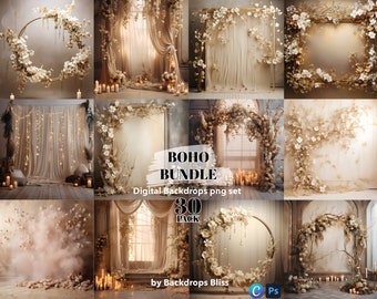 May include: A digital backdrop bundle with 30 boho-themed images. The images feature floral arrangements, candles, and a variety of backdrops, including curtains, windows, and arches. The images are perfect for photographers and designers looking to create beautiful and unique backdrops for their photoshoots.