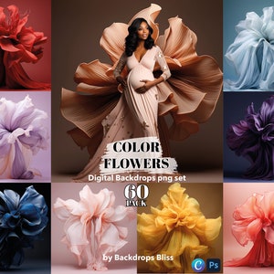Może przedstawiać: Zestaw 60 cyfrowych tła z kwiatami w różnych kolorach, w tym czerwonym, niebieskim, fioletowym, różowym i żółtym. Tła są zaprojektowane tak, aby wyglądały jak duże, puszyste kwiaty. Na obrazie widnieje tekst "COLOR FLOWERS Digital Backdrops png set 60 PACK by Backdrops Bliss".