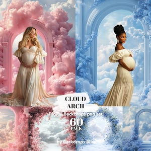 May include: Digital artwork showing two pregnant people in elegant gowns, set against pink and blue cloudscapes. The image includes the text "CLOUD ARCH" and "Digital Backdrops png set 60 PACK by Backdrops Bliss."
