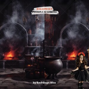 May include: A Halloween backdrop featuring a dark, smoky, and mysterious room with two fireplaces, a cauldron, and two women dressed in black with sugar skull makeup. The text "HALLOWEEN POTION CAULDRONS" is written in white on a red background.