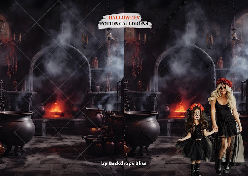 May include: A Halloween backdrop featuring a dark, smoky, and mysterious room with two fireplaces, a cauldron, and two women dressed in black with sugar skull makeup. The text "HALLOWEEN POTION CAULDRONS" is written in white on a red background.