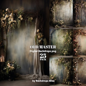 Puede incluir: Un conjunto de 25 fondos digitales que presentan un arco floral con una estética rústica y vintage. Los fondos son perfectos para fotógrafos y diseñadores que buscan crear un ambiente romántico y caprichoso.