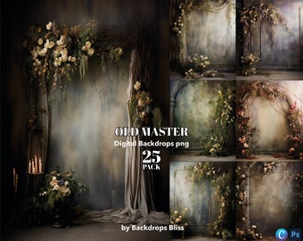 May include: A set of 25 digital backdrops featuring a floral archway with a rustic, vintage aesthetic. The backdrops are perfect for photographers and designers looking to create a romantic and whimsical atmosphere.
