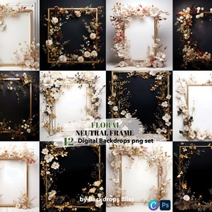 Boho Floral frame Digital Backdrop Maternity boho floral digital Backdrop floral frame gold overlay Backdrop boho Fine Art Texture Photoshop